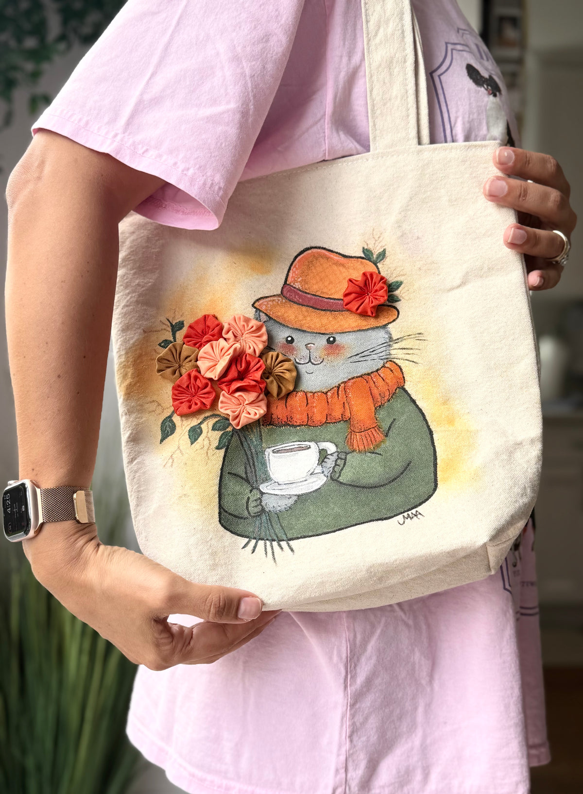 Cat & Coffee - Handmade Tote Bag